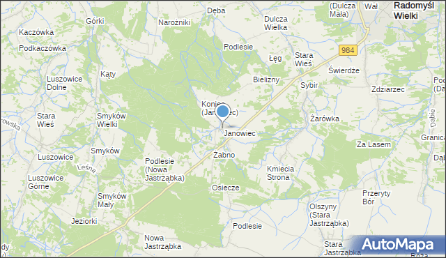 mapa Janowiec, Janowiec gmina Radomyśl Wielki na mapie Targeo